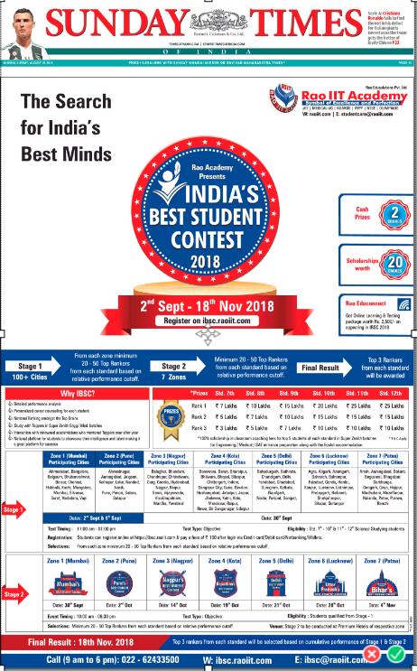 Advertisement of Rao IIT Academy in Times OF India 